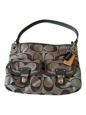 Coach Gray Signature Satin Shoulder Bag with Dual Front Flap Pockets